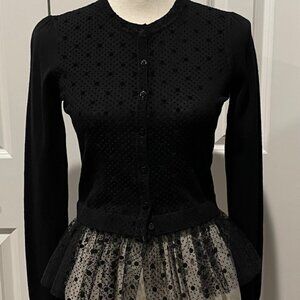 RED VALENTINO BLACK SWISS DOT AND LACE PEPLUM CARDIGAN